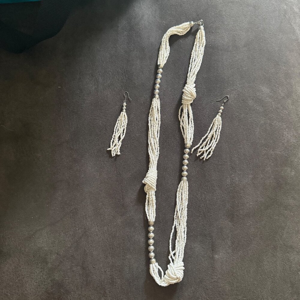Vintage White Beaded Necklace & Earring Set With Silver Accents